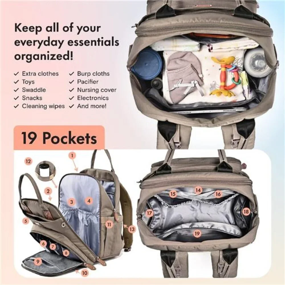 Unisex Polyester Diaper Backpack Daypack with Portable Changing Pad, Khaki